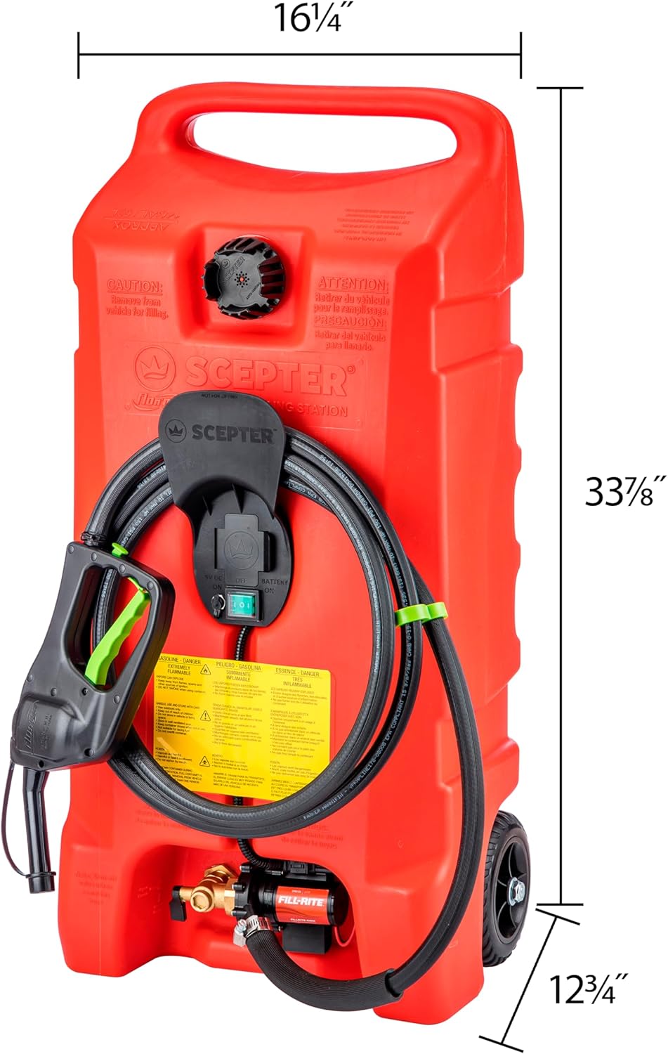 Scepter 14 Gallon Gas Caddy with Electric Fuel Pump, Flo ‘N Go Powered Portable Fuel Tank with Fill-Rite Transfer Pump and 10-Foot Hose for Farm, Marine, Commercial, and Home Use, Gasoline, Red