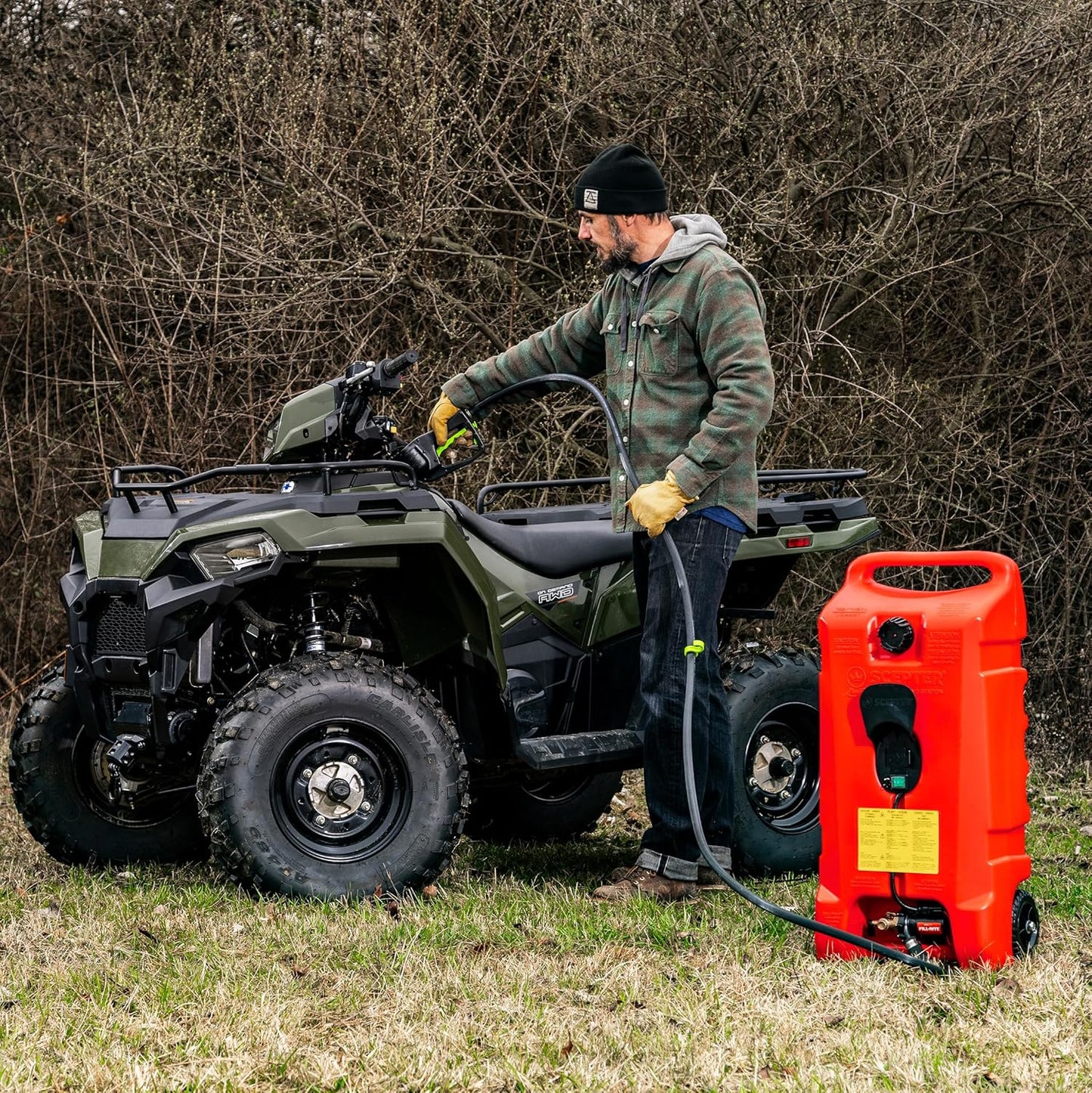 Scepter 14 Gallon Gas Caddy with Electric Fuel Pump, Flo ‘N Go Powered Portable Fuel Tank with Fill-Rite Transfer Pump and 10-Foot Hose for Farm, Marine, Commercial, and Home Use, Gasoline, Red